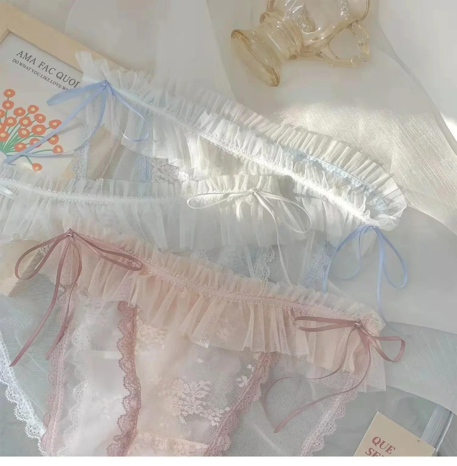 Description Picture 4 of itemJapanese Straps Thongs Mesh Lace Panties Women Underwear Low-waist Sweet Student Kawaii Lolita See Through Briefs Sexy Lingerie