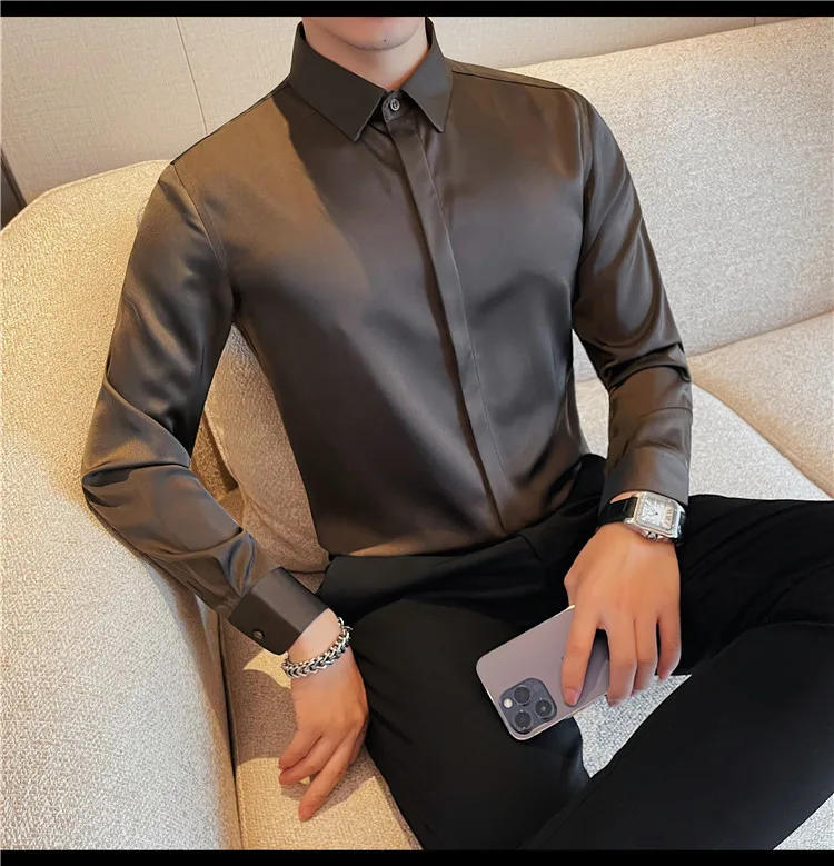 Description Picture 6 of itemHigh Quality Solid Color Shirt for Men Long Seeve Casual Business Formal Dress Shirts Slim Fit Social Party Tuxedo Blouse 2023