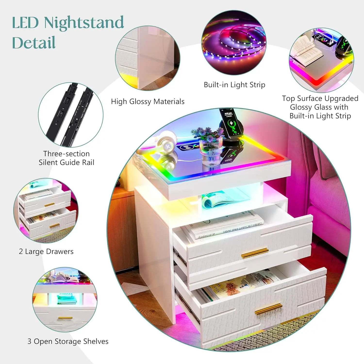 Description Picture 5 of itemSet of 2 Nightstand with Wireless Charging Station LED Lights Night Stand with 2 Drawers Glossy Smart Bedside Table