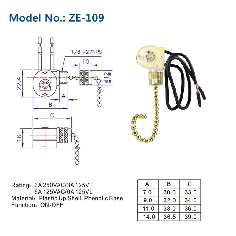 Description Picture 4 of item3Pack Ceiling Fan Light Switch ZE-109 Fan Switch Ceiling Pull Chain Switch Replacement