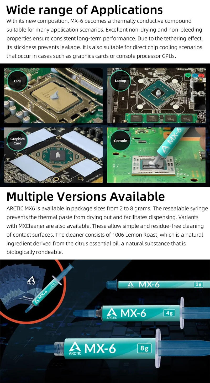 Description Picture 6 of itemARCTIC MX-6 (4g + 6 MX Cleaners)Ultimate Performance Thermal Paste for CPU Graphics Cards Laptops Very High Thermal Conductivity