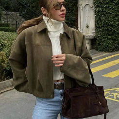 TRAFZA Women Suede Bomber Jacket Vintage Solid Lapel Zipper Long Sleeve Coat With Pockets 2025 Fashion Lady High Street Outwear