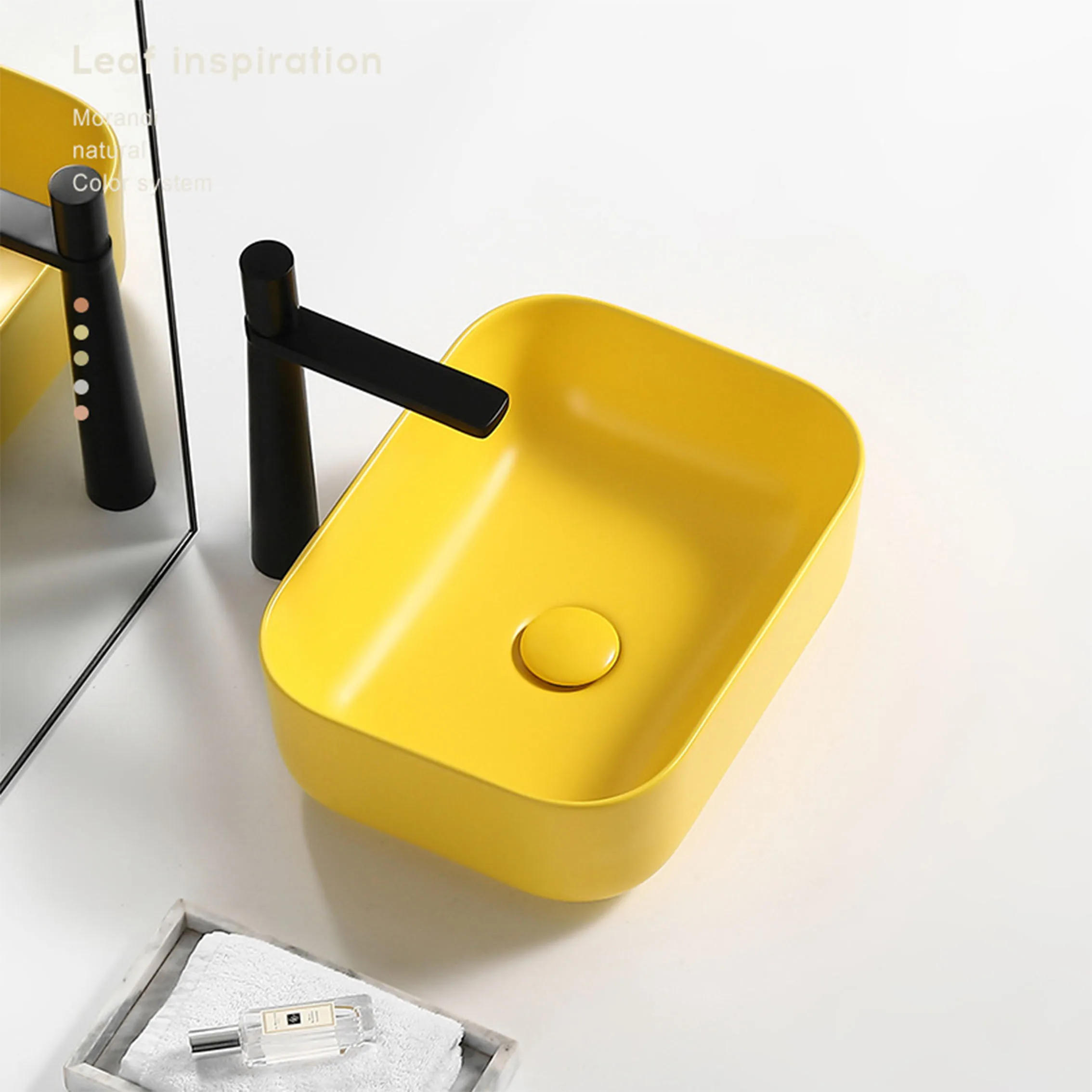 Description Picture 3 of itemCeramic Washroom Bathroom Sinks 9L Matte Yellow Basin Creative Countertop Wash Pool With Drainer Sets Faucet 50*40*14cm