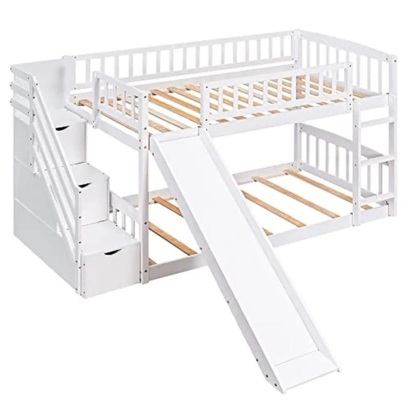 Description Picture 4 of itemTwin Bunk Bed Slide Guardrail Stairway Drawers Space-Saving Bedroom Dormitory Solid Wood MDF Country Style Kids Bed 300LBS