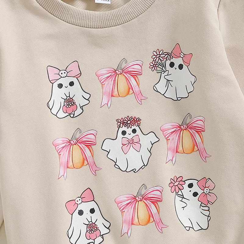 Description Picture 6 of itemToddler Girls Sweatshirts Classic Bow Ghost Print Long Sleeve Round Neck Pullovers Spring Fall Tops