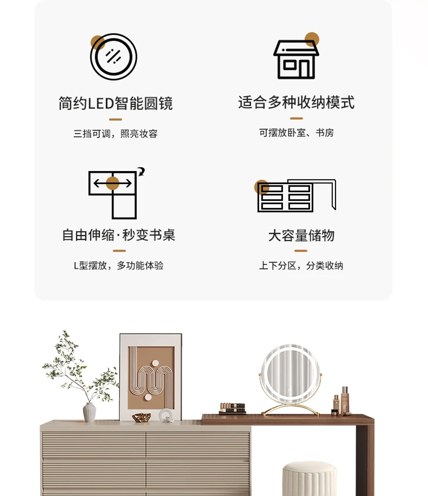 Description Picture 3 of itemLarge Mirror Led Dressing Table Drawer Modern Women Corner Dressing Table Vanity 6 Drawer Comoda Pra Quarto Bedroom Furniture