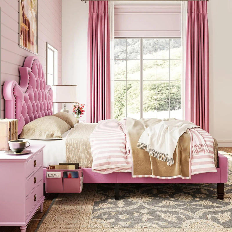 Description Picture 4 of itemLIKIMIO Queen Size LED Bed Frame, Camas Queen with 58" Tall Tufted Headboard, Sturdy and Noiseless, No Box Spring Required, Pink