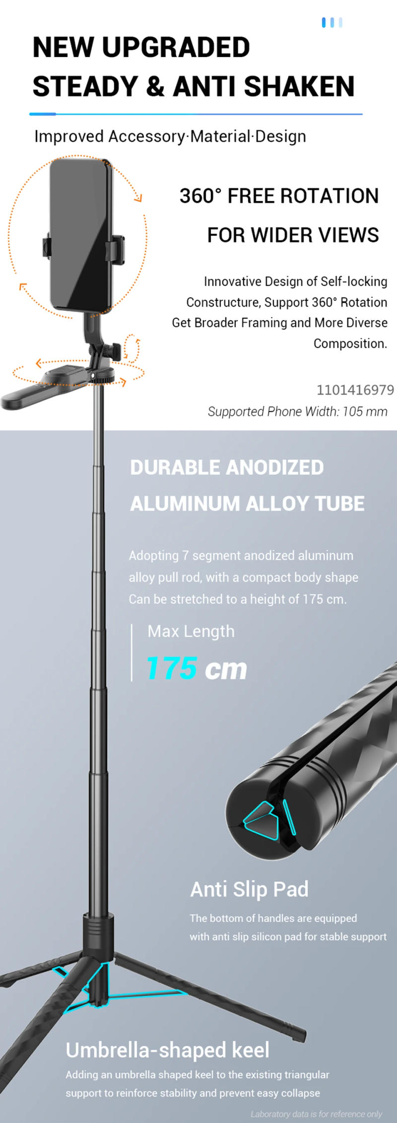 Description Picture 4 of itemCOOL DIER 1750mm Foldable Wireless Selfie Stick Tripod With Bluetooth Remote Shutter Phone holder Monopod For iphone Smartphone