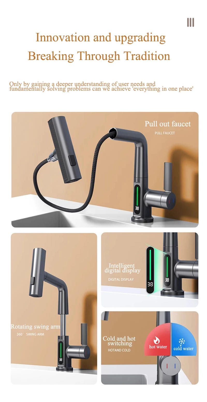 Description Picture 3 of itemTemperature Digital Display Basin Faucet Lift Up Down Waterfall outflow Hot Cold Water Mixer Tap Pull out Bathroom Faucets Crane