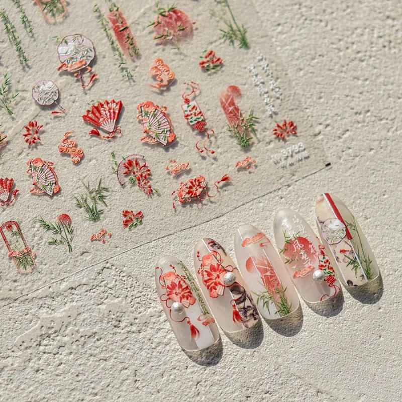 Description Picture 5 of item1pcs 5D Embossed Chinese Kawaii Bamboo Fan Nail Art Stickers Cartoon Panda Nail Self-Adhesive Decorations Decals DIY Accessories