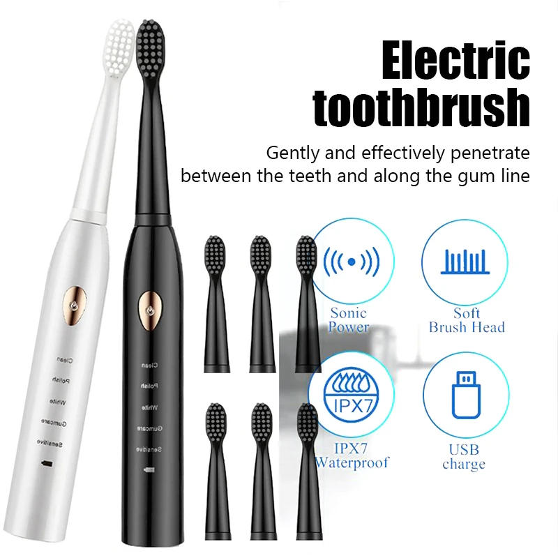 Description Picture 3 of itemSonic Rechargeable Electric Toothbrush Washable Whitening Timer for Men and Women Adult With 4pcs Head Soft Hair IPX7 Waterproof