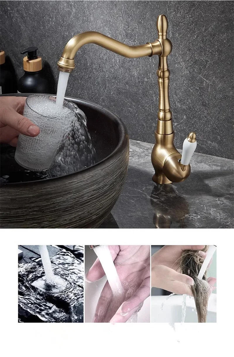 Description Picture 6 of itemAntique Bronze Bathroom Hot  Cold 360 Rotating Basin Brass Sink Deck Mounted Lavotory Kitchen Faucet
