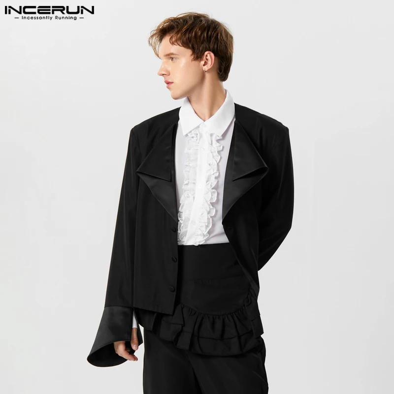 Description Picture 5 of itemINCERUN Tops 2024 American Style New Mens Satin Patchwork Lapel Deep V Design Blazer Casual Simple Well Fitting Suit Coats S-5XL
