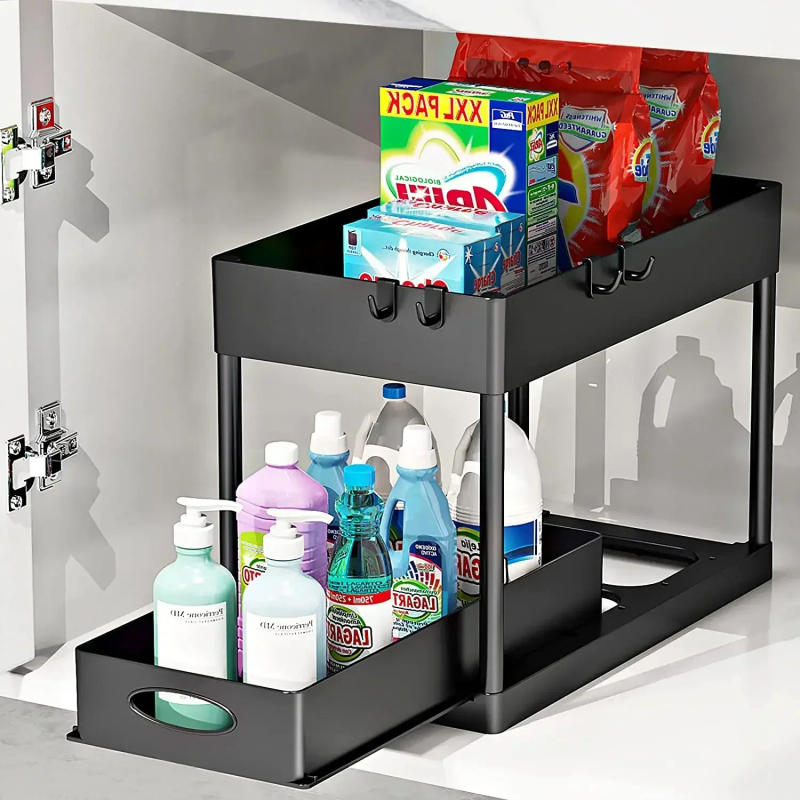 Description Picture 6 of item2 Tier Under Sink Organizer Sliding Cabinet Basket Organizer Storage Rack with Hooks Hanging Cup Bathroom Kitchen Organizer