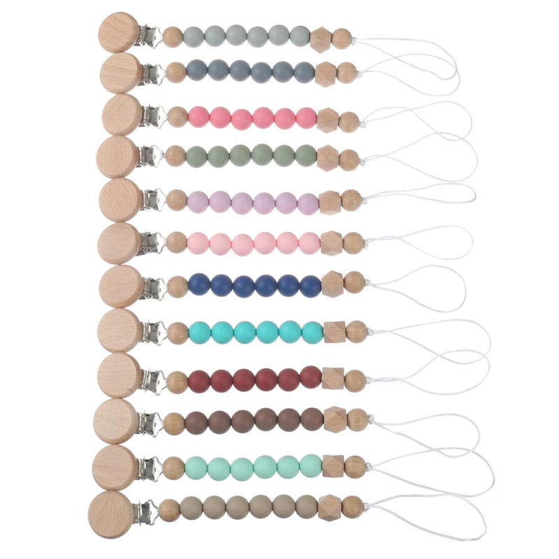 Description Picture 2 of itemBaby Colorful Silicone Round Beaded Pacifier Chain Wooden Dummy Holder Clip For Infant Teether Nipple Chain Boy Girl Shower Gift