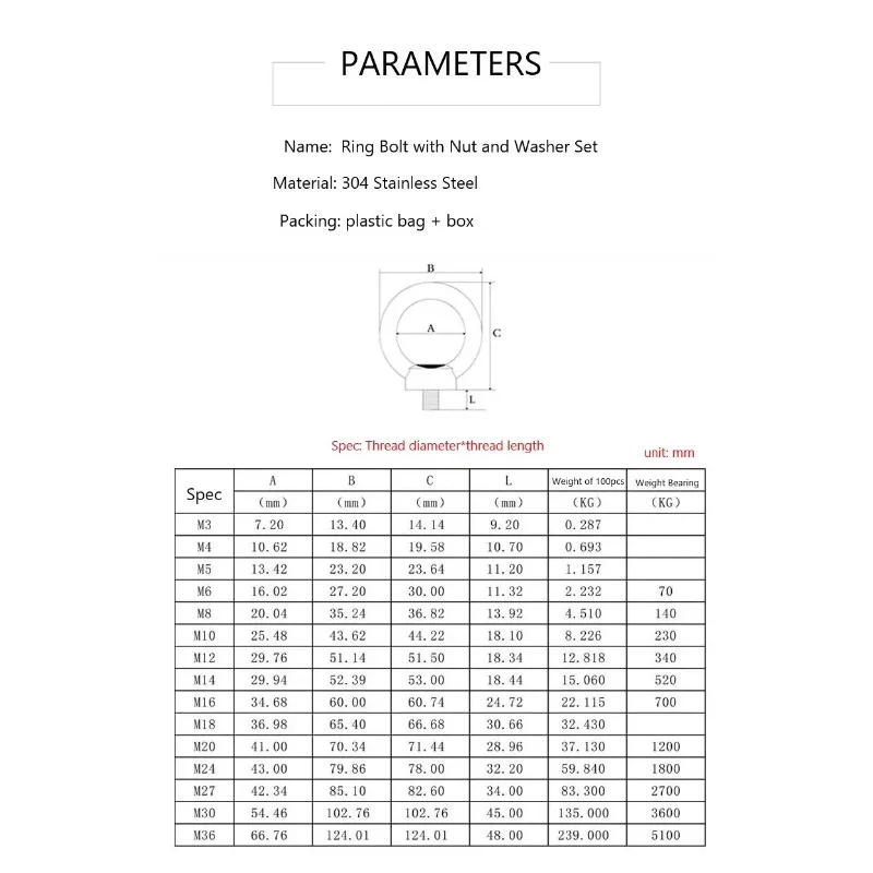Description Picture 3 of itemM3 M4 M5 M6 M8 304 Stainless Steel Ring Eyebolts with Nut Washer Gaksets Set,Extended Bolts Marine Lifting Ring Screws and Nuts