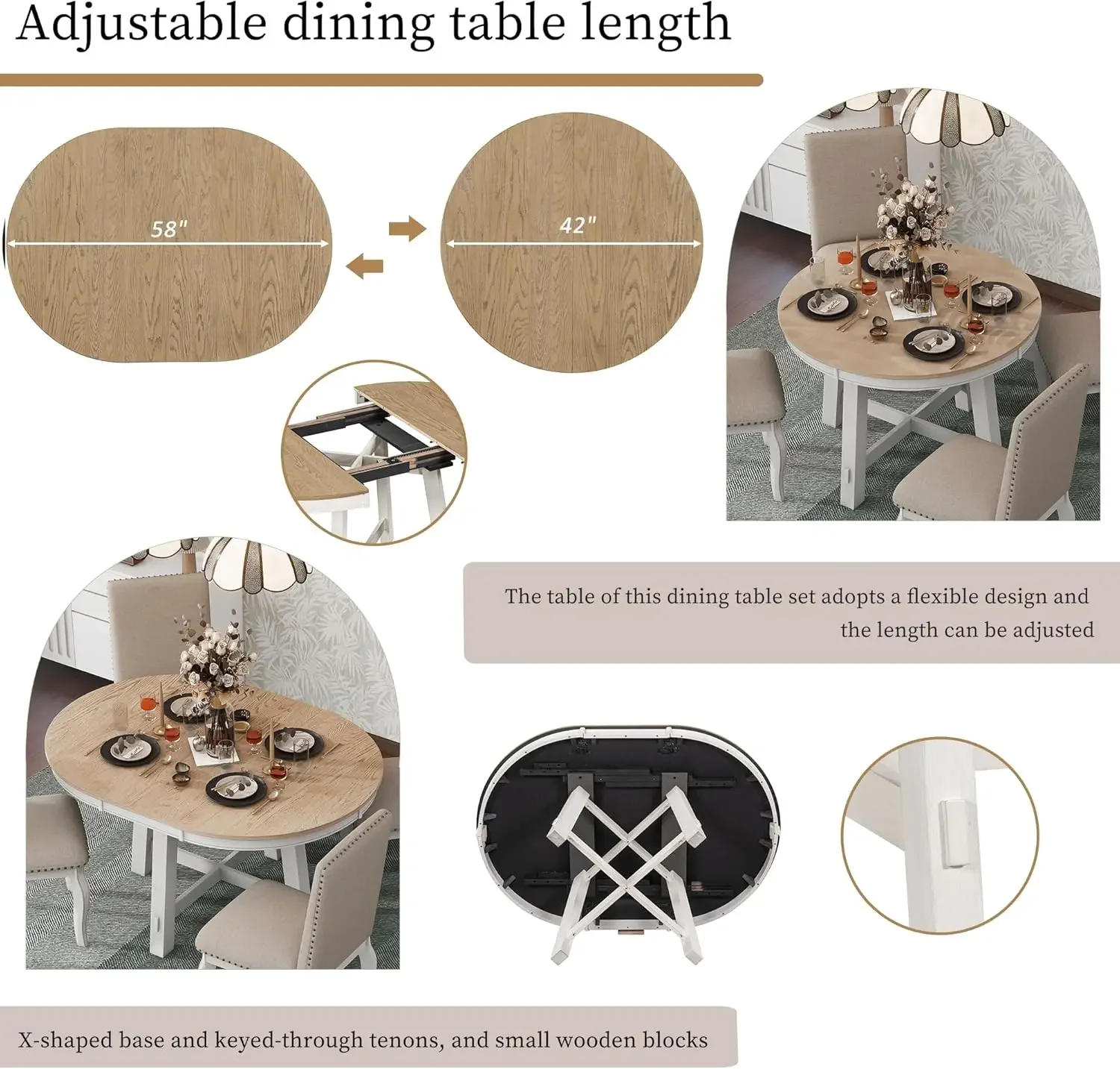 Description Picture 4 of item5-Piece Round Dining Table Set, Wood Farmhouse Round Extendable Dining Table and 4 Upholstered Dining Chairs for 4 Person