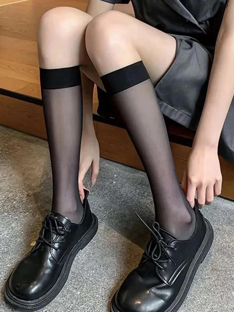 Description Picture 5 of item4 Pairs Black White Semi Transparent Nylon Socks Classic Versatile Suitable Daily Wear They Comfortable Breathable Casual Socks