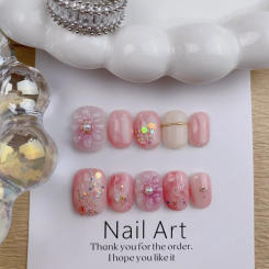 10pc Detachable Short Press on Nails Halo Dyeing Pink False Nail with 3D Flower Glitter Design Full Over Fake Nail Tip with Glue