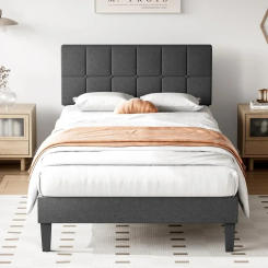 Bed Frame with Headboard, No Box Spring Needed, Linen Upholstered Platform Bed Frame with Wood Slats Support