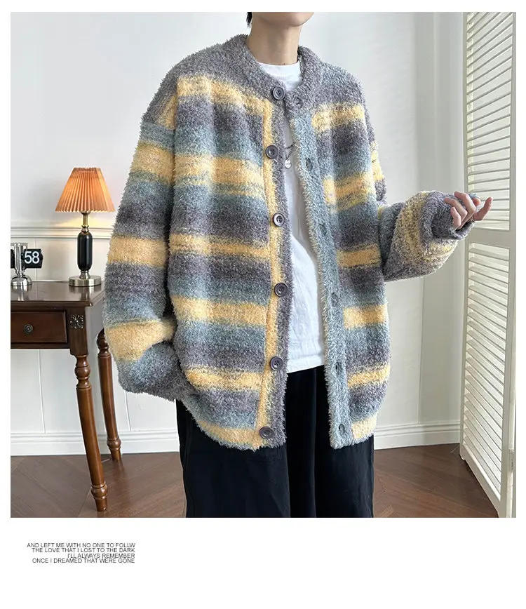 Description Picture 4 of itemHarajuku Black Color Striped Knitted Cardigan Men's Vintage Korean Style Oversized Designer Tie Dye Grandpa Sweater