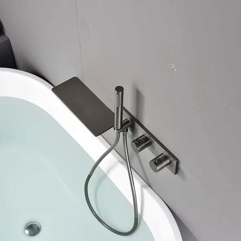 Description Picture 4 of itemBrushed Gold Thermostat Bathtub Shower Faucet Set Brass Hot & Cold Mixer Tap With Handheld In-Wall Waterfall Type Gun Gray/Black