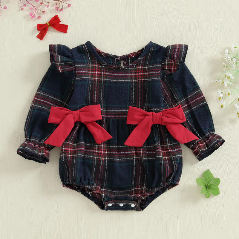 Description Picture 5 of itemBaby Girls Rompers Plaid Bowknot Decor Round Neck Long Sleeve Infant Fall Bodysuits Jumpsuits