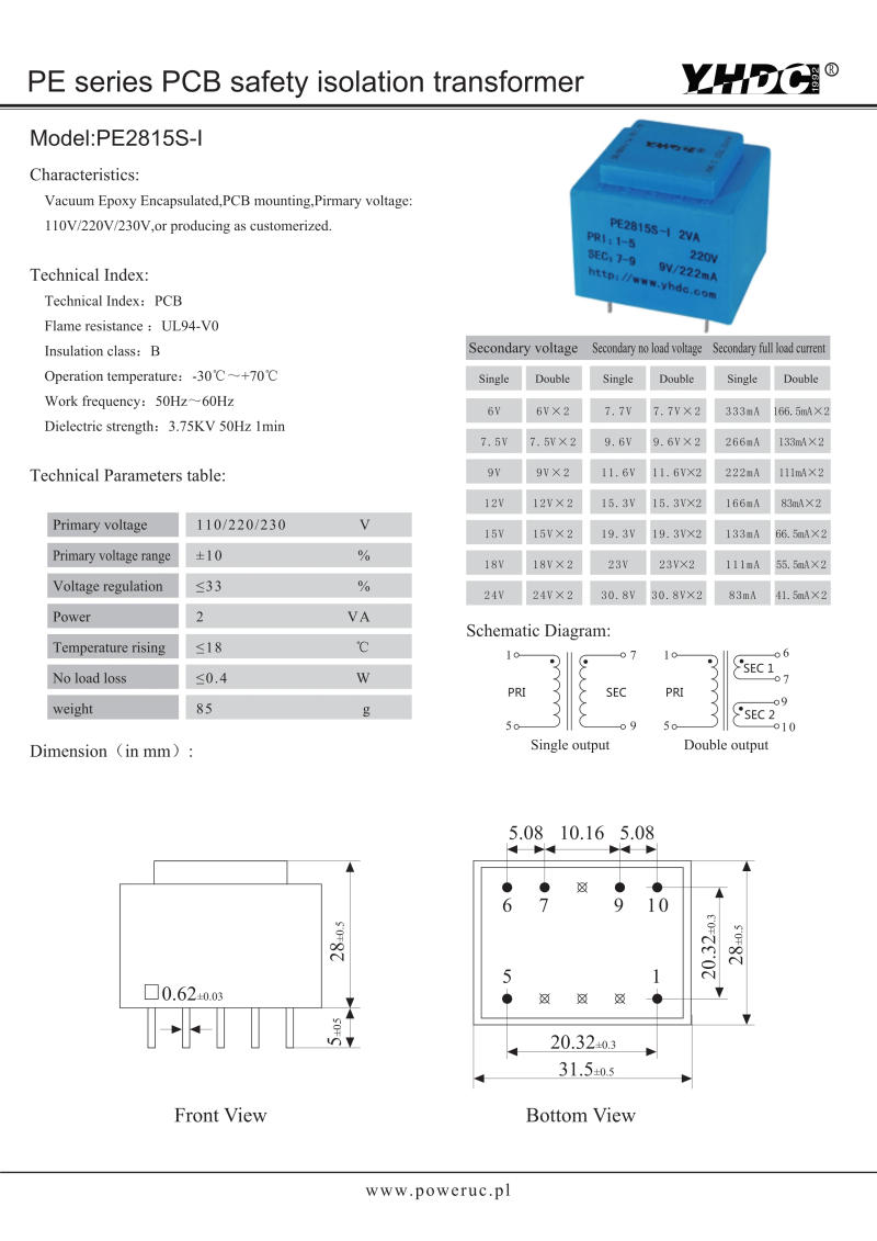 Description Picture 2 of itemYHDC PE2815S-I Power 2VA 230V / 6V/7.5V/9V/12V/15V/18V/24V Expory Resign Encapsulated Safety Isolating Transformer