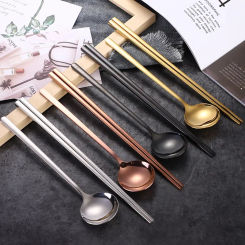 Korean Long Handle Chopsticks Spoon Cutlery Set Reusable Stainless Steel Non-slip Sushi Sticks Food soup Spoon Dinnerware Set