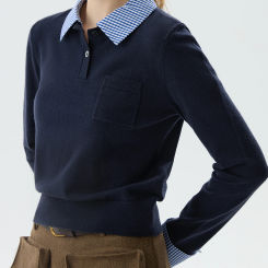 FSLE Women Fake Two Design Sweaters Patchwork Polo Neck Female Navy Blue Short Pullover Sweater Grey Casual Knit Top 24FS14729