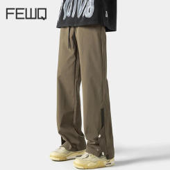 FEWQ Spring New Straight Waterproof Rush Men Pants Solid Color 2024 Elastic Waist Solid Color Male Trousers Casual 24X8092