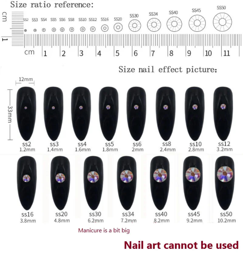 Description Picture 3 of itemCrystal Clear Glass Nail Art Decorations ss3 ss4 ss5 ss6 ss8 ss10 ss16 ss20 ss30 ss34 ss50 Glass Non HotFix Nail Art Rhinestones