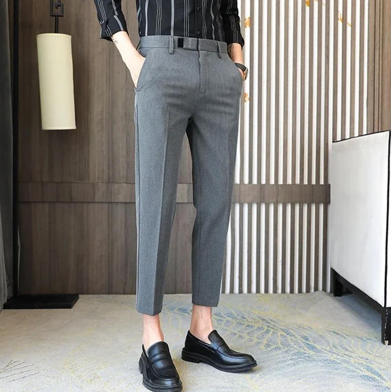 Description Picture 4 of itemMale Suit Trousers 9 Cropped Work Tressed Office Men's Summer Pants Straight Slim Fit Social Tailoring Business Formal Vintage