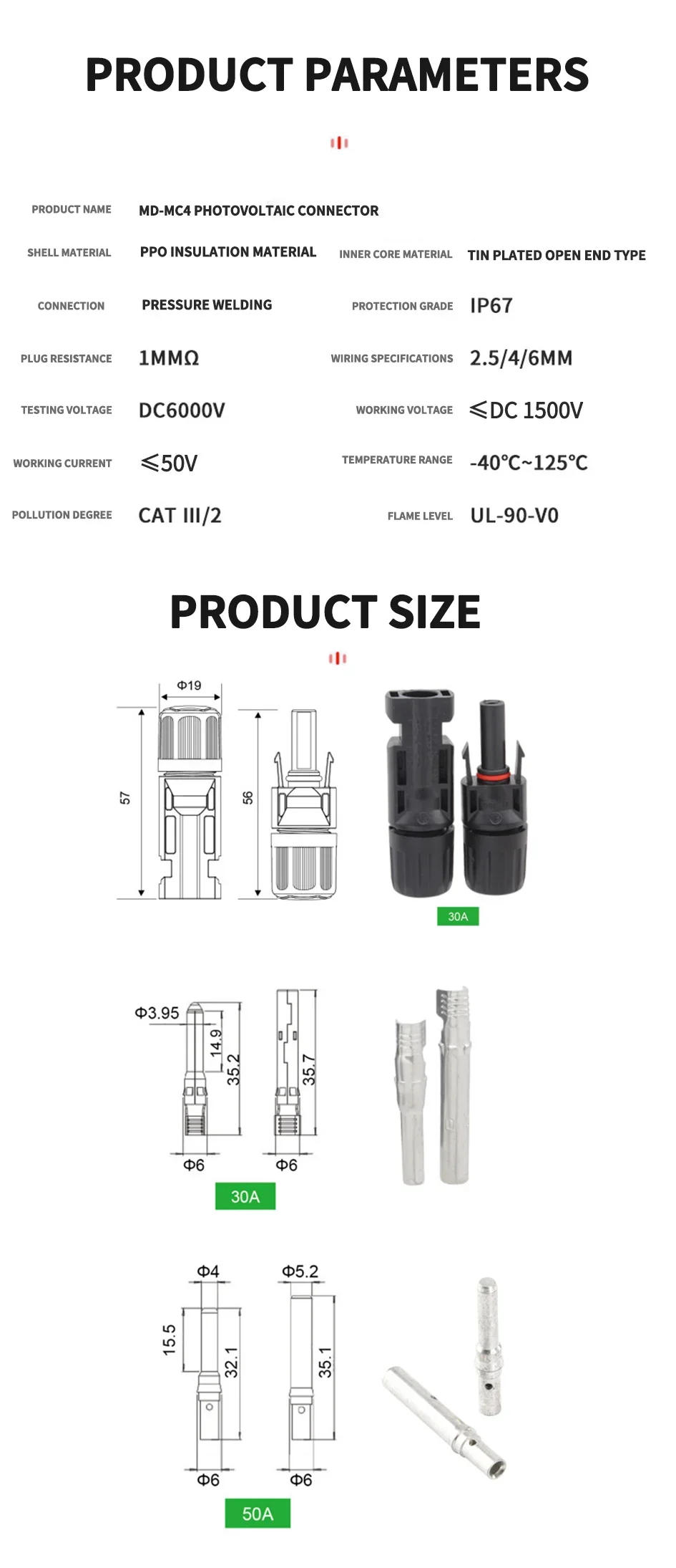 Description Picture 6 of item600/400/200/100/40/20/10 Pcs Photovoltaic Solar Connector Kit 1000V 30A Panel Solor Connectors for PV/MC Cable 2.5/4/6mm2