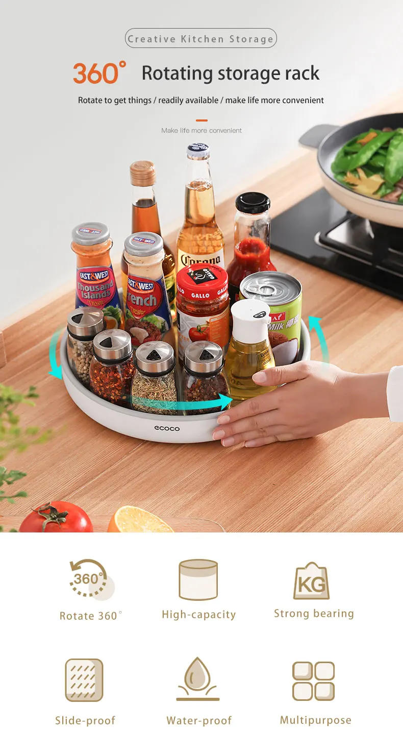 Description Picture 2 of itemECOCO Rotating Spice Storage Rack Multifunctional Seasoning Organizer Shelf Oilproof Non-slip Tray Holder Box Kitchen Supplies