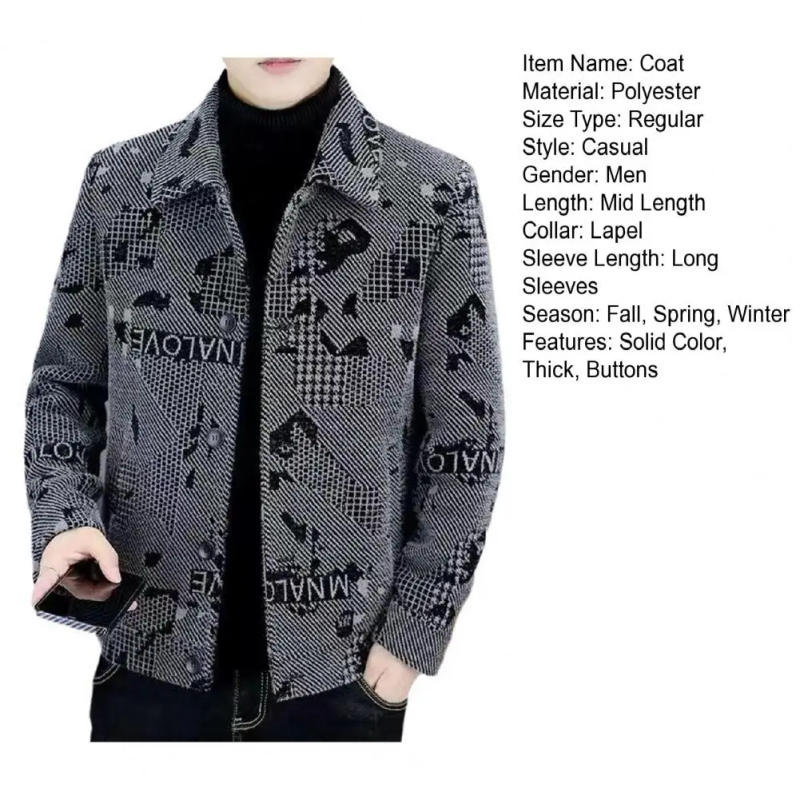 Description Picture 3 of itemMen Coat Men's Thick Warm Lapel Coat for Fall Winter Long Sleeve Single-breasted Jacket with Windproof Buttons Mid Length Casual
