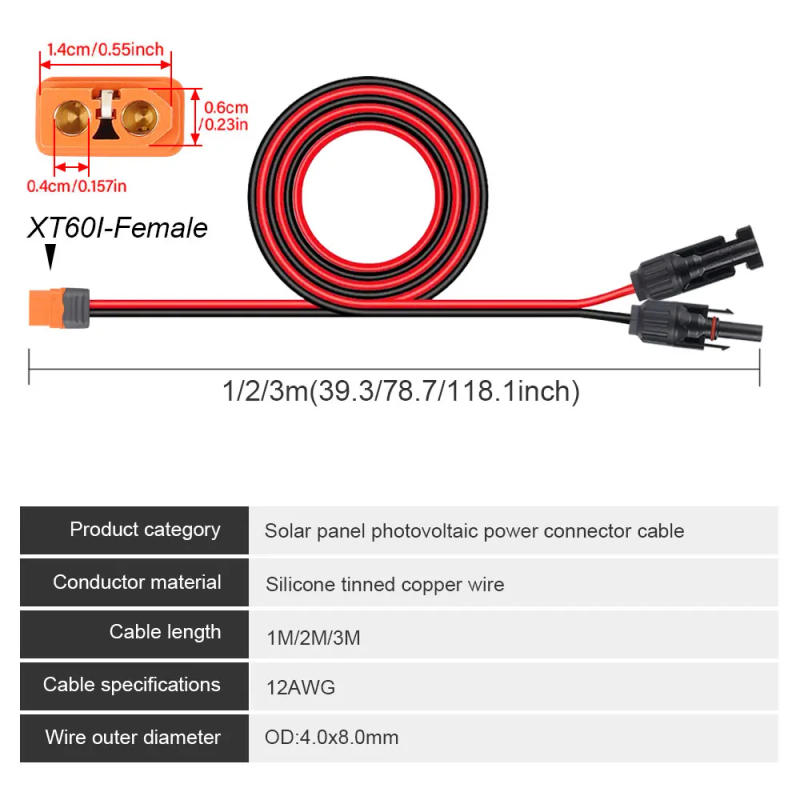 Description Picture 6 of itemSolar Connector XT60I- F Adapter 12AWG Cable Connect Solar Panel Charge Cable Wire For Solar Generator Portable Power Station