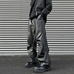 Mens Autumn American Y2k Pleated Pu Leather Pants New Essential Casual Loose Comfort Biker Trendy Street Wide Leg Pants For Men