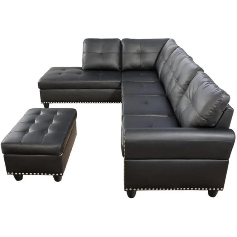 Description Picture 5 of itemLiving Room Sofa, L-Shape PU Leather Sectional Couch Set with Storage, Chaise, Ottoman, 2 Cup Holders & 2 Toss Pillow, Black