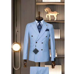 Smart Causal Light Blue Men's Suits Double Breasted Peak Lapel Two-pieces (Jacket+Pants) Blazer Set Formal Office Prom Outfits