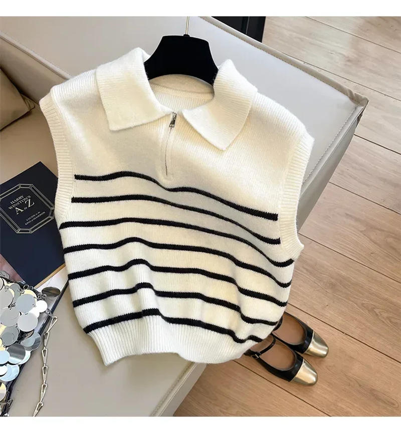 Description Picture 5 of itemRetro lapel zipper stripe knitted waistcoat women Autumn Winter Korean fashion sleeveless sweaters casual simple pullover vest