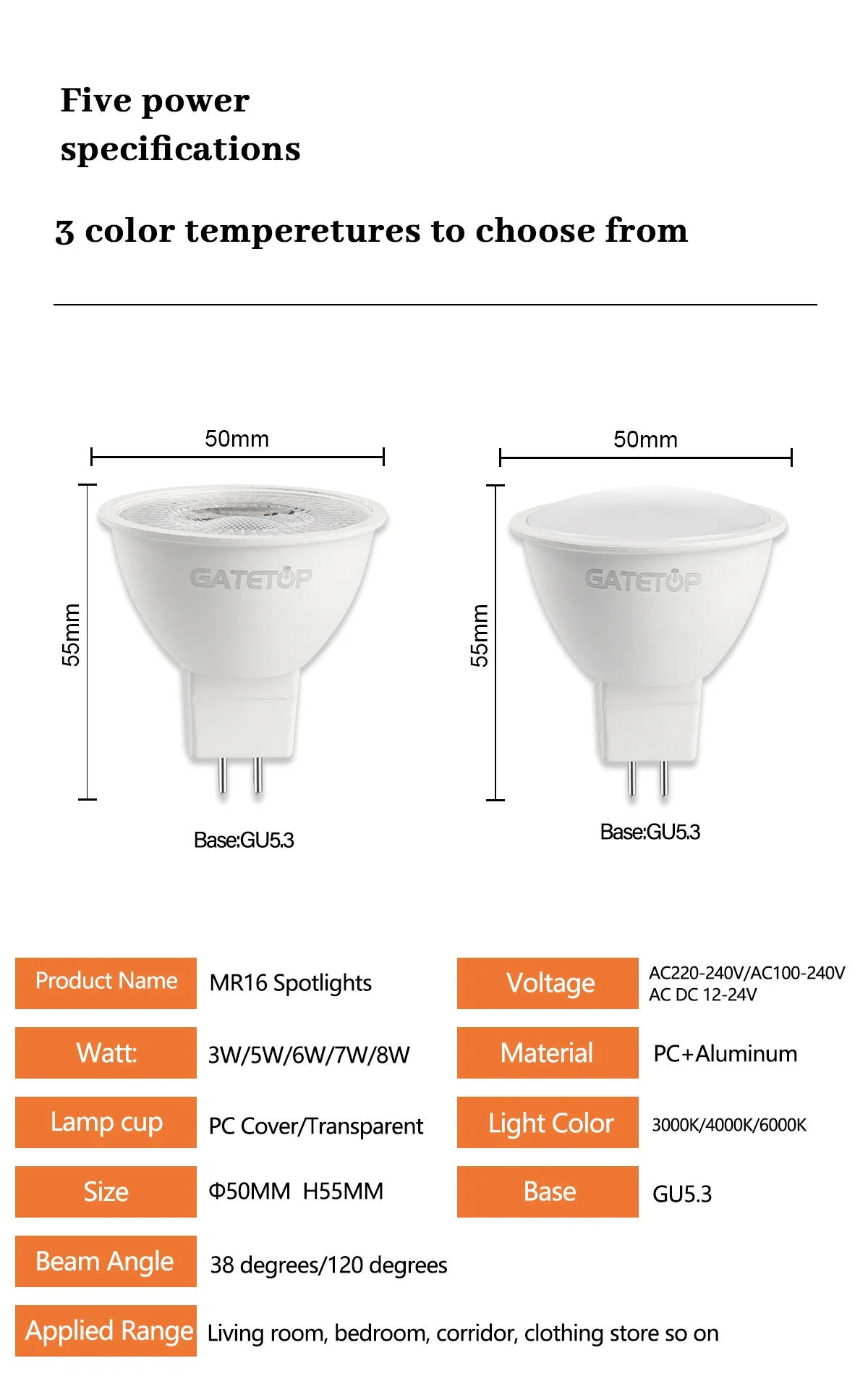 Description Picture 4 of item12PCS Energy-efficient LED Spotlight Mr16 Gu5.3 Base AC230V AC110V DC12V 3000K/4000K/6000K Foco Bulb Lamp for Home Decoration