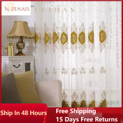 European Embroidered Tulle Blue Curtains for Living Room Bedroom Luxury Sheer Window Screen Velvet  Coffee Drape Voile Door