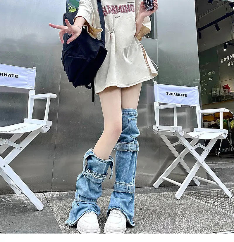 Description Picture 6 of itemHarajuku Women Leg Warmers Socks Punk Rock Denim Adjustable Knee High Socks Japanese Fashion Streetwear Leg Cover