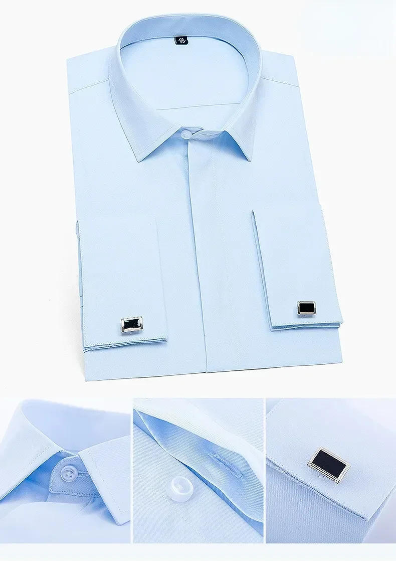 Description Picture 5 of itemSleeve Long Formal Classic Wedding With Cufflinks No Shirts Men's Party Tuxedo White Shirt Dress Cuff French Pocket Quality Male