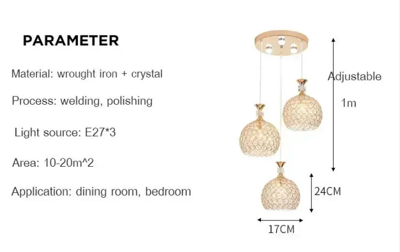 Description Picture 3 of itemDining room lamp Pendat Lamp three head led modern simple bar bedroom single head creative dining room crystal meal chandelier