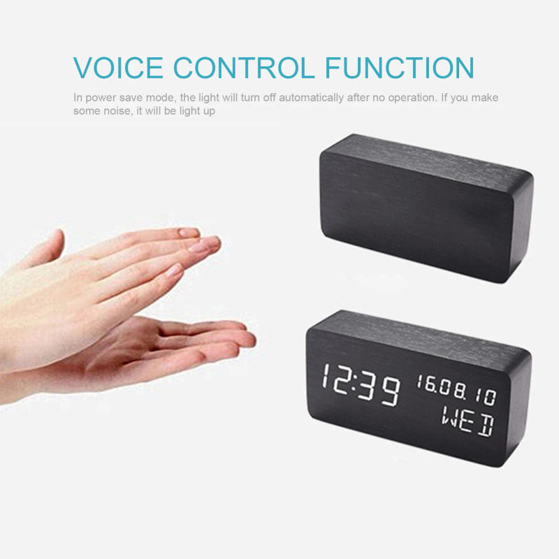 Description Picture 3 of itemDesk Wooden Alarm Clock with Voice Control Date Temperature Adjustable 3 Brightness Display LED Digital Alarm Clocks for Bedroom