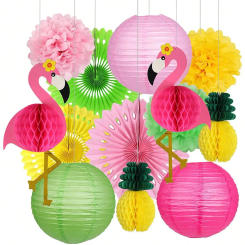 13pcs-Flamingo Party Supplies, Hawaiian Party Decorations Flamingo and Pineapple Honeycomb Ball Paper Lanterns Paper Fans Pom po