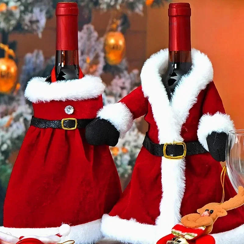 Description Picture 5 of item10-1PCS Wine Bottle Cover Christmas Red Velvet Dress Clothes Wine Bottles Bags Dinner Table Ornament New Year Party Home Decors