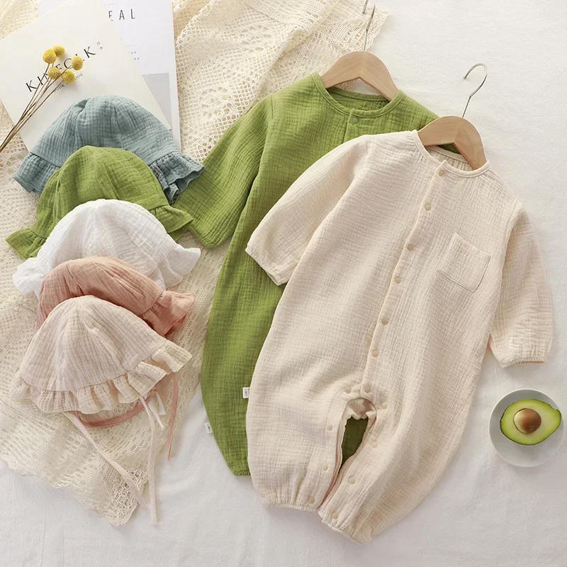 Description Picture 3 of item2Pcs Baby Romper Hat Muslin Toddler Outfit Set Long Sleeve Spring Summer Baby Girls Boys Clothes Newborn Jumpsuits Infant Onesi